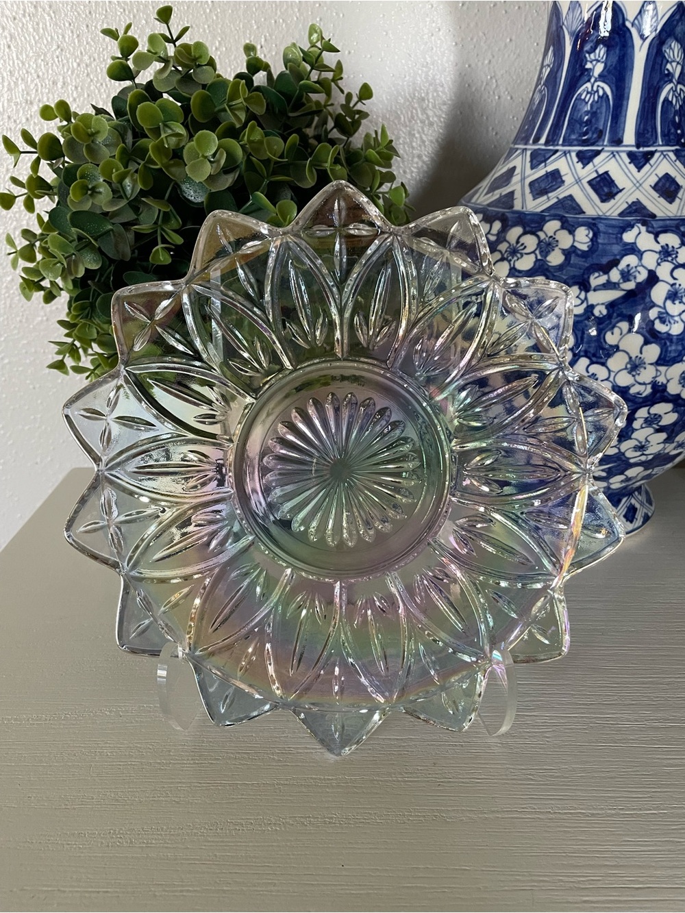 Vintage Federal Glass Petal iridescent carnival glass salad plate 9.25”